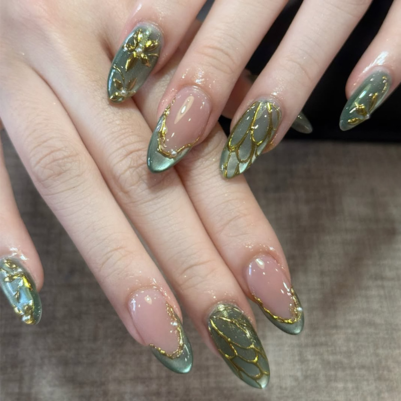 Nail Art French - 24pcs Green Cat Eye Fake Nails