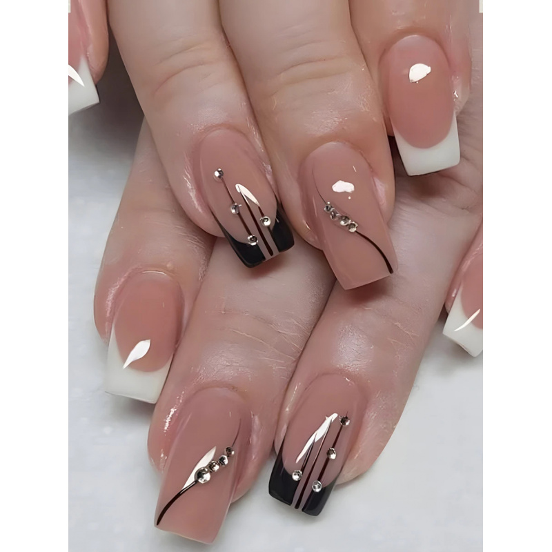 Nail Art Full Design - 24pcs/Set Long Square Black & White