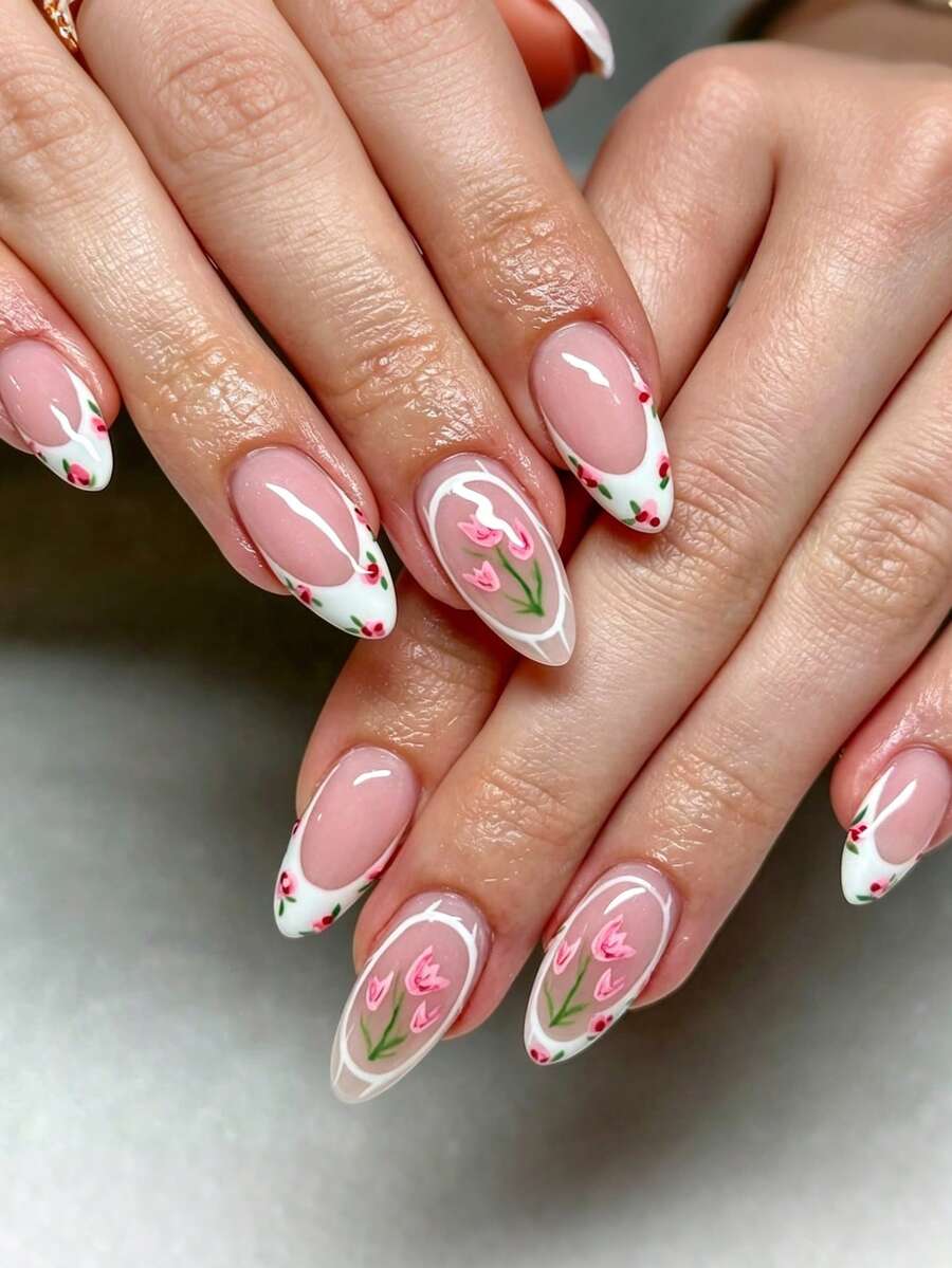 Nail Art Full Design - 24pcs Medium White French Stiletto Fake
